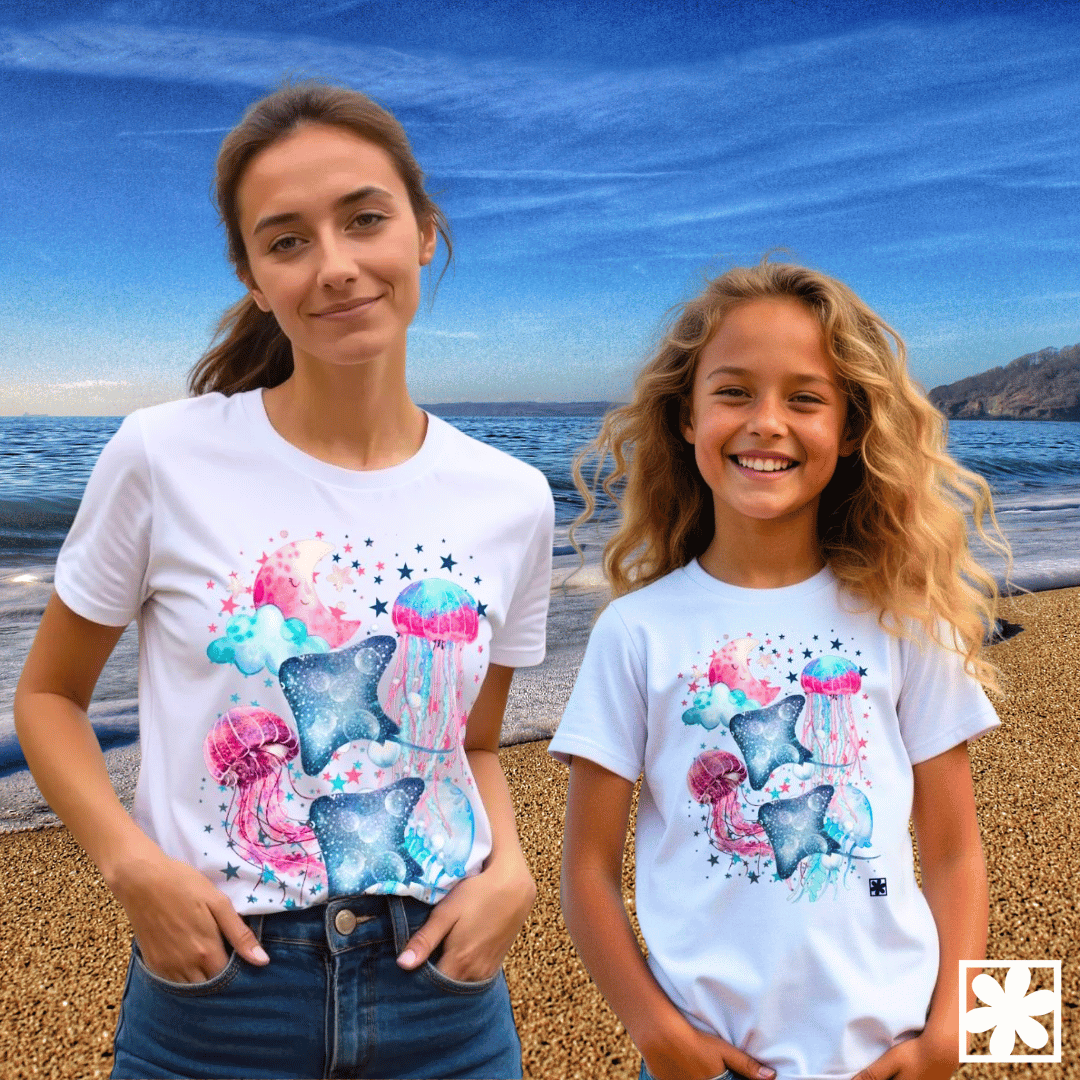 A Mum and child stand on a beach in matching T-shirts featuring sea creatures