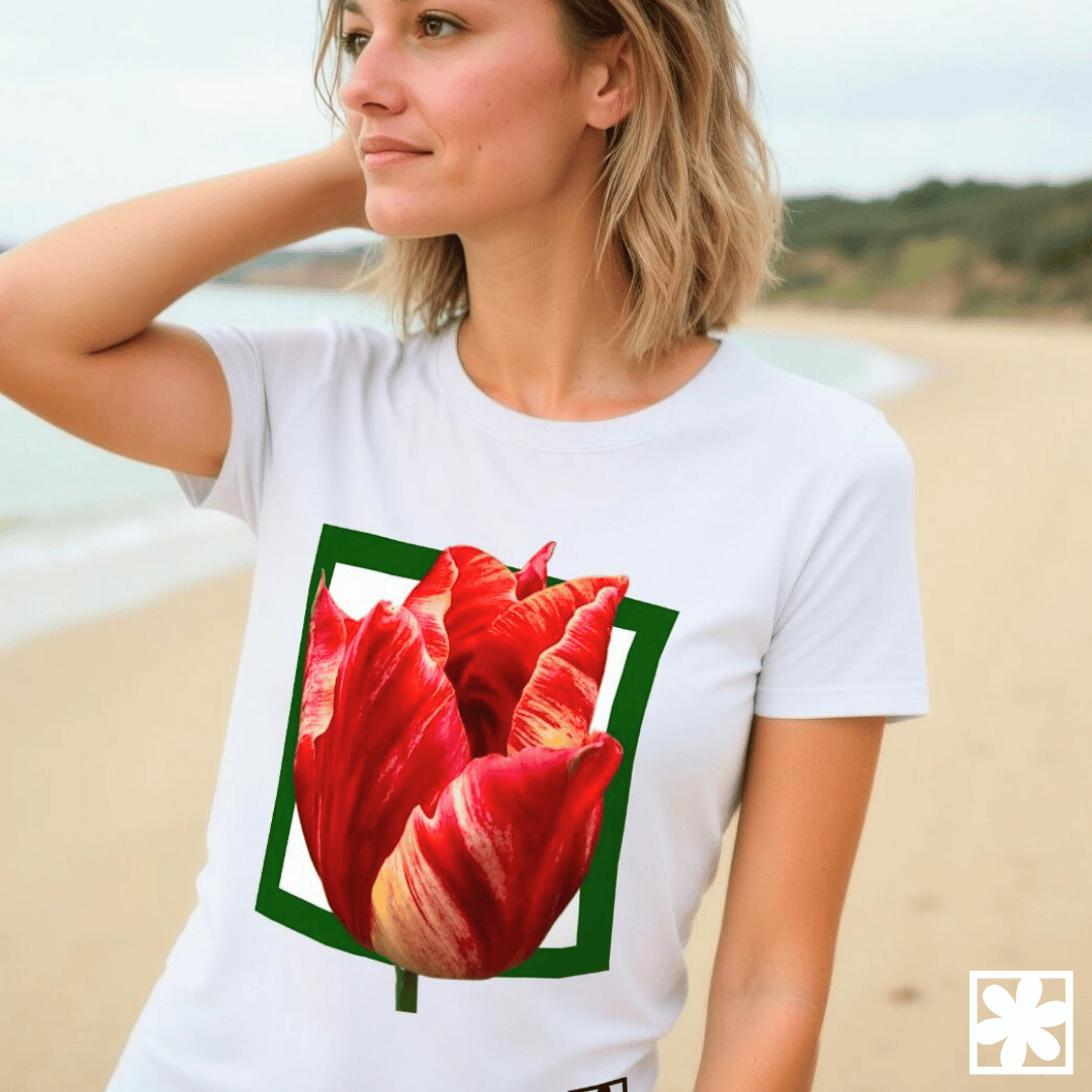 A women stands on a beach with a bright red tulips printed on her T-shirt